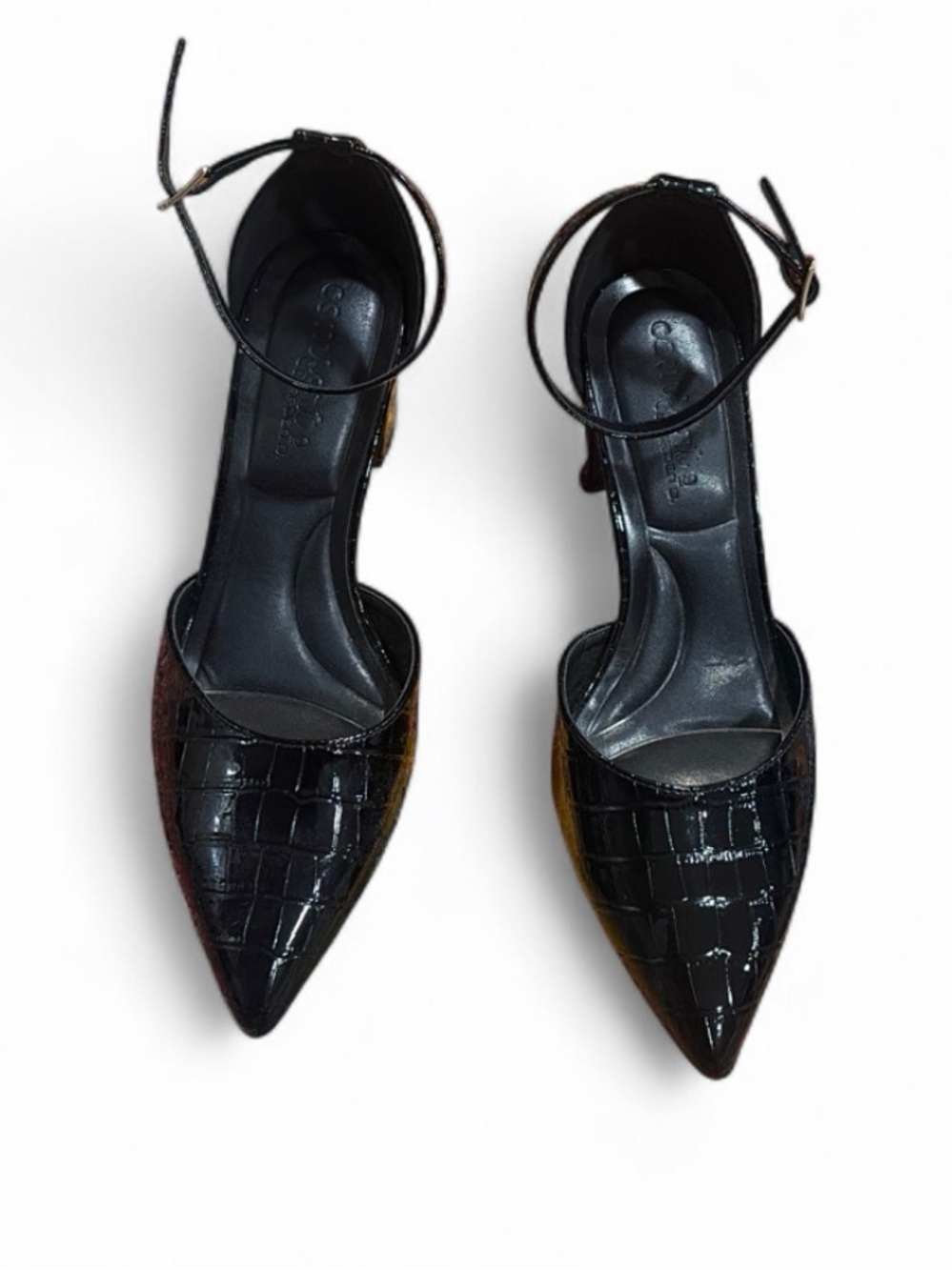 Aldo Black Croc-Embossed Pointed Toe Ankle Strap Heels